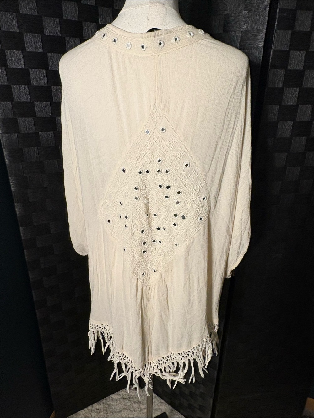 American Eagle Boho Mirror Kimono Cardigan Cream Fringe Shisha Festival - Picture 3 of 4